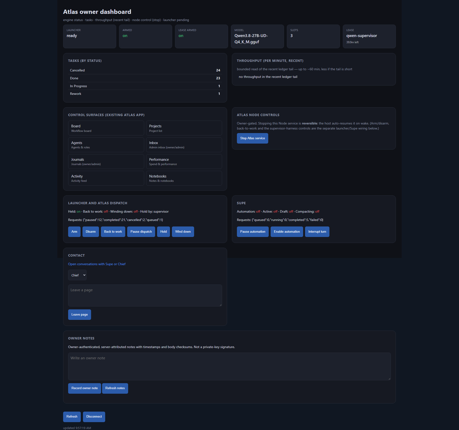 Atlas owner dashboard showing engine status, tasks by state, dispatch and supervisor controls