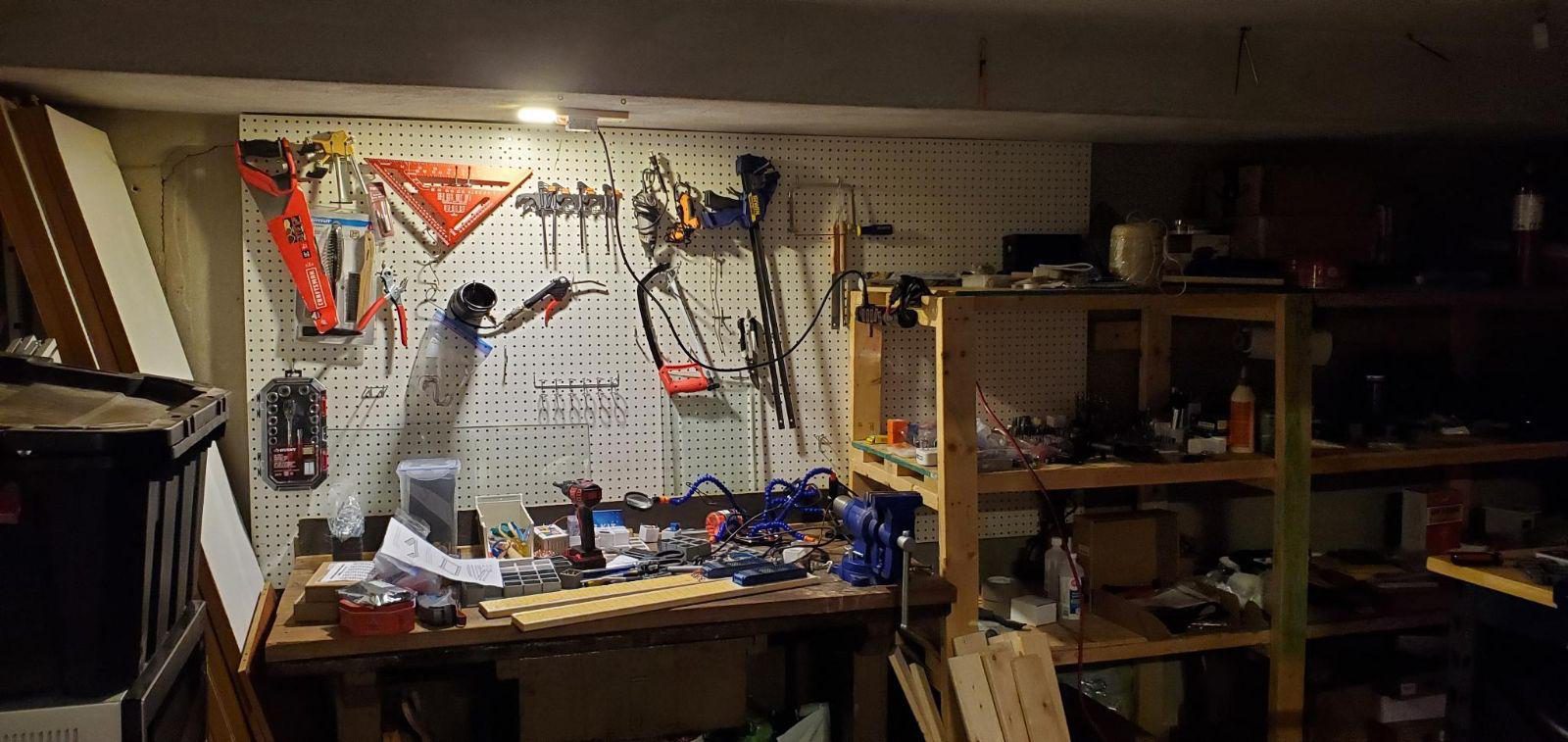 Pegboard tool wall in the workshop